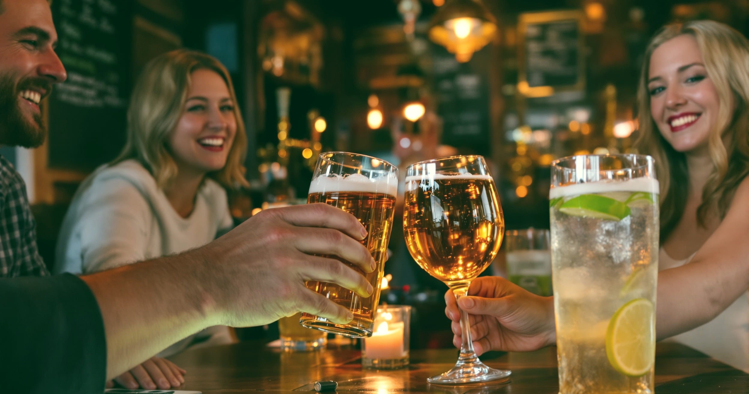 Friends raising a pint, a glass of wine and a soft drink at a pub table